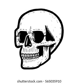 Retro black skull. Print for t-shirt. Bizarre dead head.