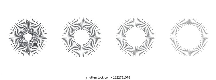 Retro black Sun burst shapes. Vintage light starburst labels, badges. Sunburst minimal logo frames. Vector firework design elements isolated on white.
