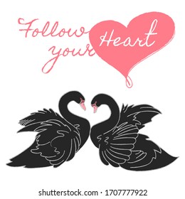 Retro black swans, great design for any purposes. Wedding black swans in cartoon style on white background. Follow your heart.