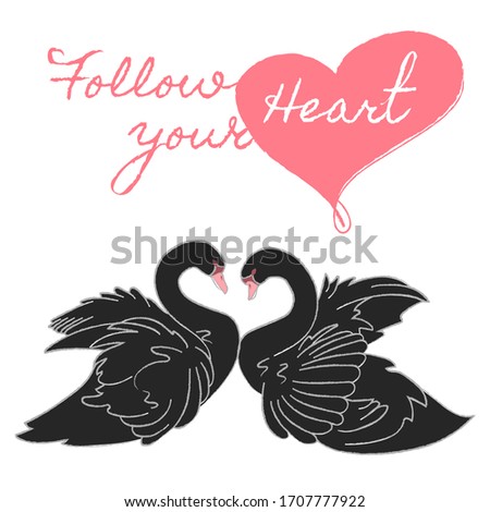 Retro black swans, great design for any purposes. Wedding black swans in cartoon style on white background. Follow your heart.