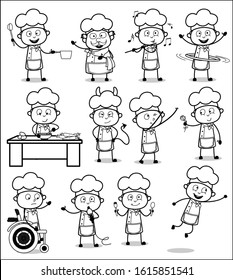 Retro Black and White Cartoon Chef - Set of Concepts Vector illustrations