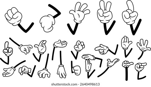 Retro Black And White Cartoon White Gloves Hands In Various Gestures And Poses – Vector Hand Drawn Collection Set Isolated On Transparent Background