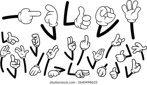 Retro Black And White Cartoon Gloves Hands Collection In Expressive Gestures And Arm Poses – Vector Hand Drawn Collection Set Isolated On Transparent Background