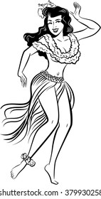 Retro Black And White Comic Art Hawaiian Hula Girl Dancing In A Grass Skirt