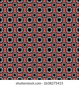 Retro Black and White Floral Daisy Pattern. Seamless vector pattern featuring stylized black and white daisy-like flowers arranged in a dense, repeating diagonal grid on a dark red background. 