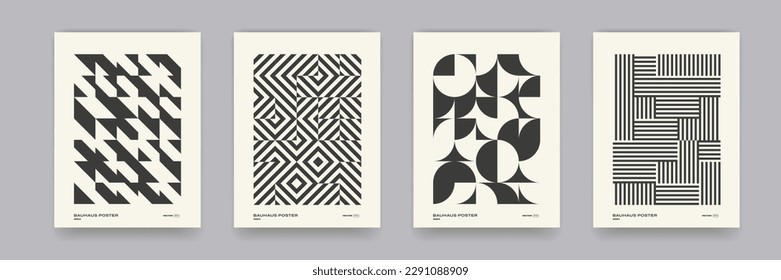 Retro black and white geometric pattern background, vector abstract circle, triangle and square lines art. Trendy bauhaus pattern backgrounds op-art set - Shutterstock ID 2291088909