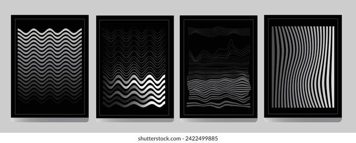 Retro black and white geometric pattern background, vector abstract circle, triangle and square lines art. Trendy bauhaus pattern backgrounds op-art set