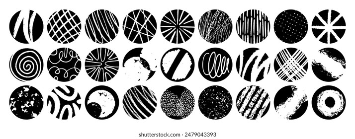 Retro black and white geometric pattern background, vector abstract circle art. Hand drawing lines. Trendy bauhaus icon set