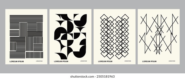 Retro black and white geometric pattern background, vector abstract circle, triangle and square lines art. Trendy bauhaus pattern backgrounds op-art set