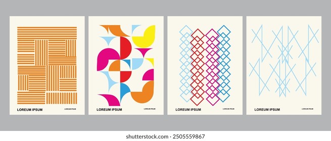 Retro black and white geometric pattern background, vector abstract circles, triangles and squares line art. Trendy background op-art set.