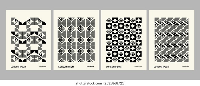 Fundo de padrão geométrico preto e branco retrô, círculos abstratos vetoriais, triângulos e quadrados line art. Conjunto de moda e legal bauhaus padrão de fundo op-art.