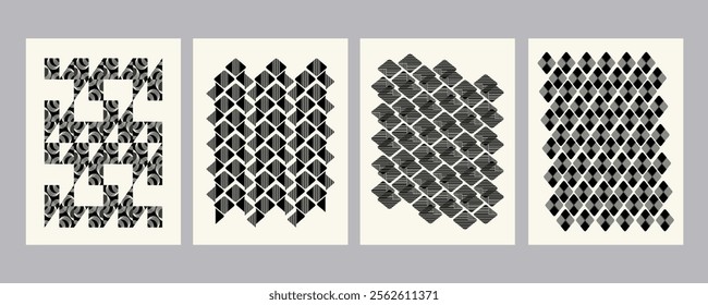 Retro black and white geometric pattern background, vector abstract circle, triangle and square lines art. Trendy bauhaus pattern backgrounds op-art set.
