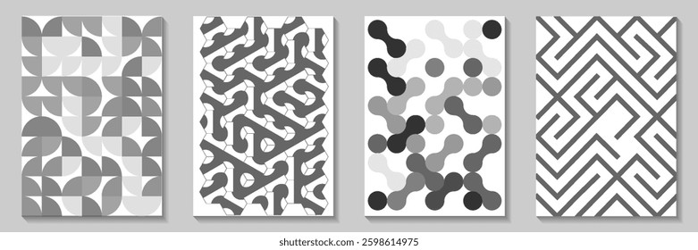 Retro black and white geometric pattern background, vector abstract circle, triangle and square lines art. Trendy bauhaus pattern backgrounds op-art set