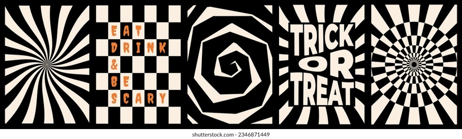 Retro black and white geometric poster set. Halloween abstract pattern collection for background, banner, greeting card. Trick or treat text vector illustration.	