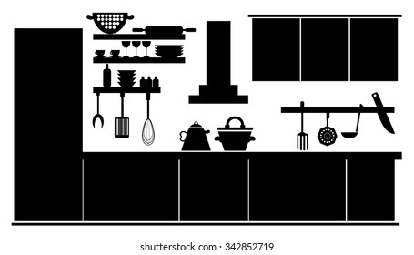 Retro, black, white kitchen interior, cooking utensils - cup, stove, spatula, plate, pot, cupboard, shelf, whisk, grater, teapot, oven, extractor, vector illustration