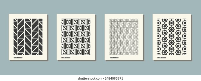 Retro black and white mordern unique geometric pattern background, vector abstract circle, triangle and square lines art. Trendy bauhaus pattern backgrounds op-art set background design.