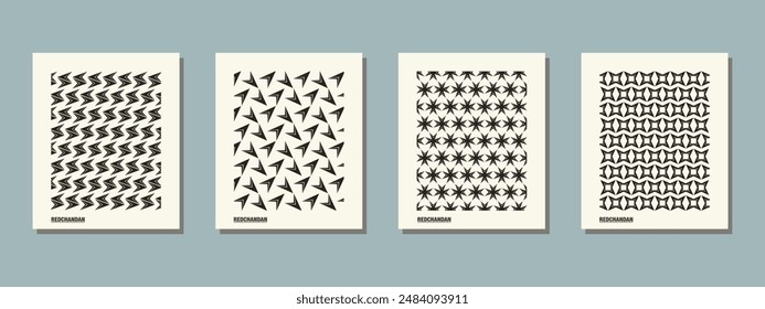 Retro black and white mordern unique geometric pattern background, vector abstract circle, triangle and square lines art. Trendy bauhaus pattern backgrounds op-art set background design.