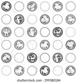 Retro black and white pattern with all zodiac signs and circular shapes, funny cartoon illustrations over grungy background