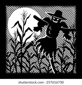 Retro black and white scarecrow in a cornfield with moon. EPS10