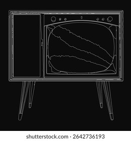 Uma televisão preta e branca retrô com uma tela curva, botões clássicos e botões fica em um suporte preto com pernas. O design de TV vintage evoca nostalgia para a tecnologia de meados do século.