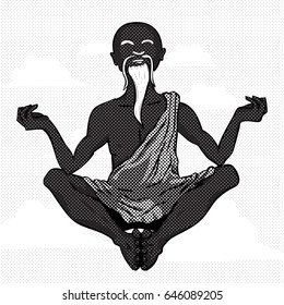 Retro black and white vector illustration of cartoon elderly dark skinned monk with white beard, wearing robes, meditating, isolated on white background. Halftone effect.