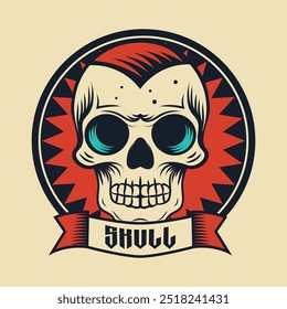 Un logo retro de calavera de Vector en blanco y negro con una estética inquietante y aterradora, perfecto para un diseño atrevido y vanguardista.