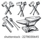 Retro blacksmith pliers, hammer, anvil sketch. Ironwork, set of tools concept. Blacksmithing vintage vector illustration