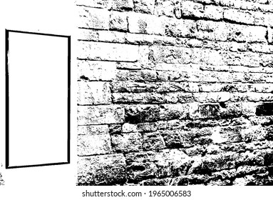 Retro blank ad on grime city grungy peeled aged stonewall. Messy breaking facade dirtied street. Bumpy vintage worn old brick design house. Pitted ruined uneven brickwall. Empty grunge menu backdrop