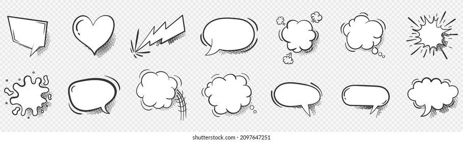 Retro blank comic speech bubbles and elements with halftone shadows on background. Blank dialog clouds in pop art style. Comics books. Black and white template. Vector illustration.