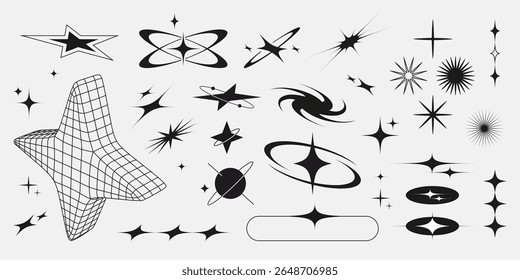 Retro bling shape set with sparkling stars, wireframe grid form, swirling galaxy, planet rings, starburst rays, geometric ellipses and shining diamond sparkles for y2k design, space or vintage decor.