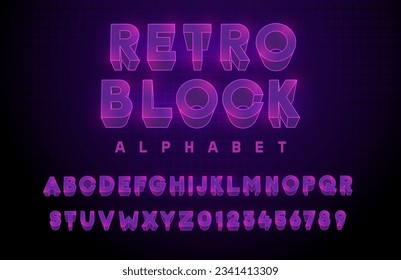 Retro block premium alphabet in purple violet colors. Vector 3d neon font. Text elements based on retrowave, synthwave, videogame graphic styles. Typeface based on 80s, 90s and y2k