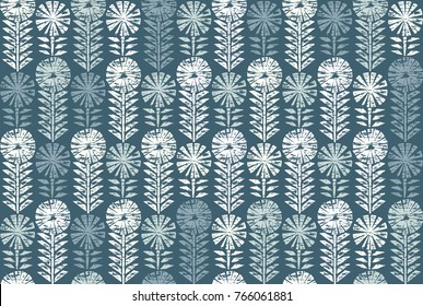 Retro block print flowers stamp seamless pattern. Grunge printed ethnic nature background, wallpaper, backdrop.
