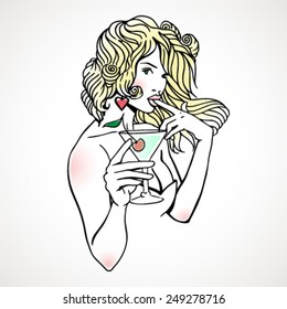 Retro blonde girl with cocktail. Vector illustration.