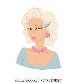 Retro blonde woman in flat colorful style with beautiful jewelry. Cartoon illustration with 50s haircut. Hand drawn vector illustration. Design for beauty salon, cosmetic products, print, web. 