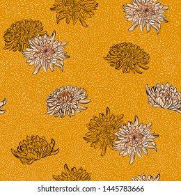 Retro Blooming Blue Japanese chrysanthemum flowers hand drawn polka dots line brush seamless pattern.Design for fashion , fabric,wallpaper,web and all prints on retro yellow background color