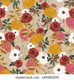 Retro blooming flower pattern in the many kind of florals. Botanical Motifs  Seamless vector texture. For fashion prints. Printing with in hand drawn style on light beige background.