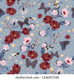 Retro blooming flowers with insect,bees,butterfly,ladybug,with vintage stars seamless pattern vector repeat for fashion ,fabric and all prints on light blue background color