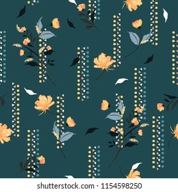 Retro  blowing garden flowers on vintage mood with hand drawn geometric vertical stripe seamless pattern vector for fashion,fabric and all prints on dark green background color.