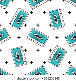 Retro Blue Audio Cassette on White Background with Crosses Vector Seamless Pattern