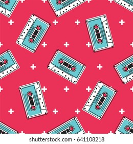 Retro Blue Audio Cassette on Red Background with White Crosses Vector Seamless Pattern