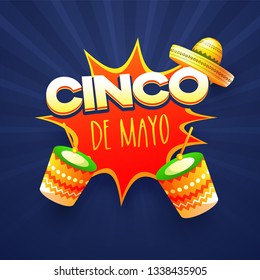 Retro blue background for Cinco De Mayo party celebration, flyer or template design with sombrero hat and drum.