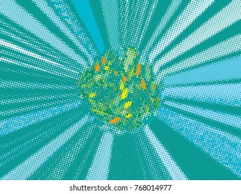 Retro blue background. Pop art pattern. Vector illustration with dots and rays.
