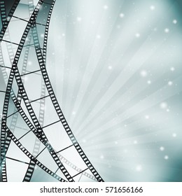 retro blue cinema background with film strips, rays and stars. vector