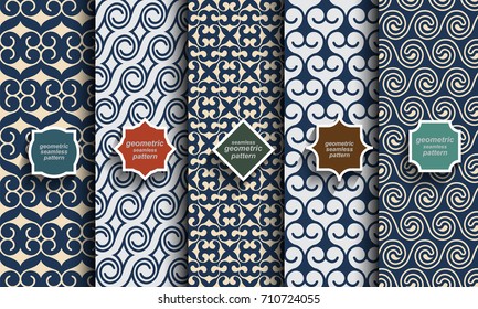 Retro blue color seamless patterns set. Vector background for vintage design. Abstract geometric ornament. Stylish decorative universal wallpaper