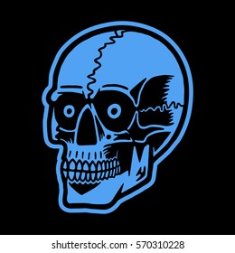 Retro blue colorful skull. Print for t-shirt. Bizarre dead head.