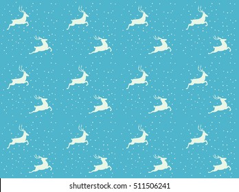 Retro blue festive vector Christmas seamless pattern with running deers. Reindeers run through the snowstorm. Classic retro style background with elegant deers silhouettes.