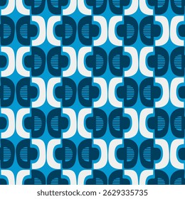 Retro Blue Geometric Pattern. repeating geometric pattern in shades of blue and white. The pattern consists of stylized shapes resembling rounded squares.