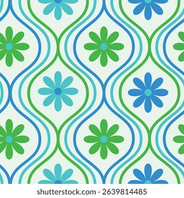  Retro blue , green and teal  flowers seamless pattern on vintage ogee oval waves on off white background. For home décor, wallpaper and fabric