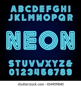 Retro Blue Neon Tube Alphabet. Type Letters And Numbers On A Dark Background. Vector Font For Labels, Titles, Posters Etc.