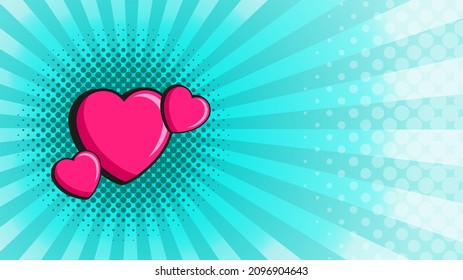 Retro Blue Pop Art background for Valentine's day. Vector Background with radial lines and dots with heart symbol